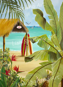 Surf shack lisa sparling art giclee reproduction painting, artwork, tiki hut, paradise, tropical, surf boards, foliage, birds of paradise, beach, coastal, home decor, wall art