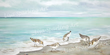 Surfside Dining Lisa Sparling Art Giclee Reproduction Painting, sand pipers, coastal, landscape, ocean, beach, sand, birds, home decor, wall art, nautical