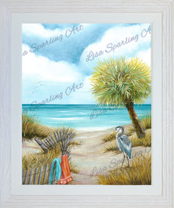 Lisa Sparling Art Painting Tranquil Beach 3 Blue Heron Ocean Palm Tree Sand Dunes Giclee