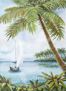 Tropical Cove Lisa Sparling Art Giclee Reproduction Painting, Artwork, tropical, coastal, palm tree, ocean, beach, sailboat, wall art, home decor